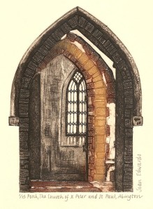 Porch, the Church of St Peter and St Paul, Abington Park, coloured collagraph, 2009